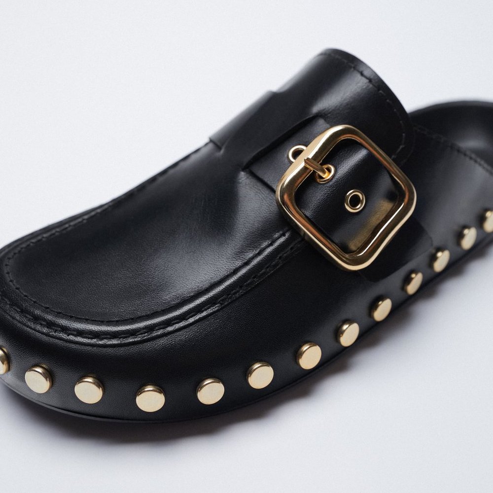 Zara Leather Low Heel Clog with Studs Size 6.5